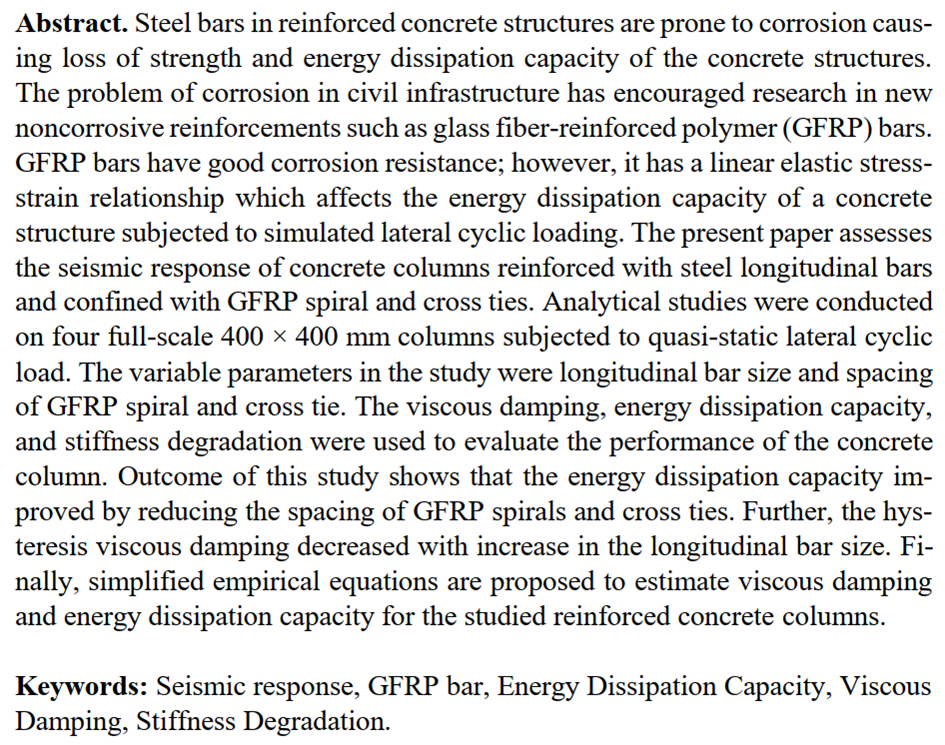Viscous Damping and Energy Dissipation of Concrete Columns Reinforced with Hybrid Reinforcement Constituted of Steel Bars and GFRP Spiral and Cross Ties — figure 2